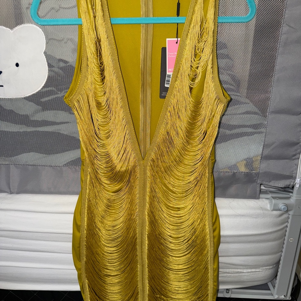 PrettyLittleThing Yellow Fringe Midi Dress